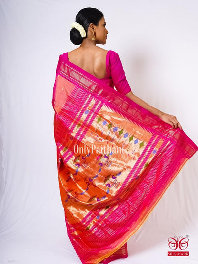 Two tone peach pink handloom silk paithani saree