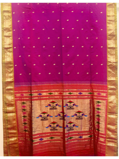 Purple silk paithani saree with green contrast border