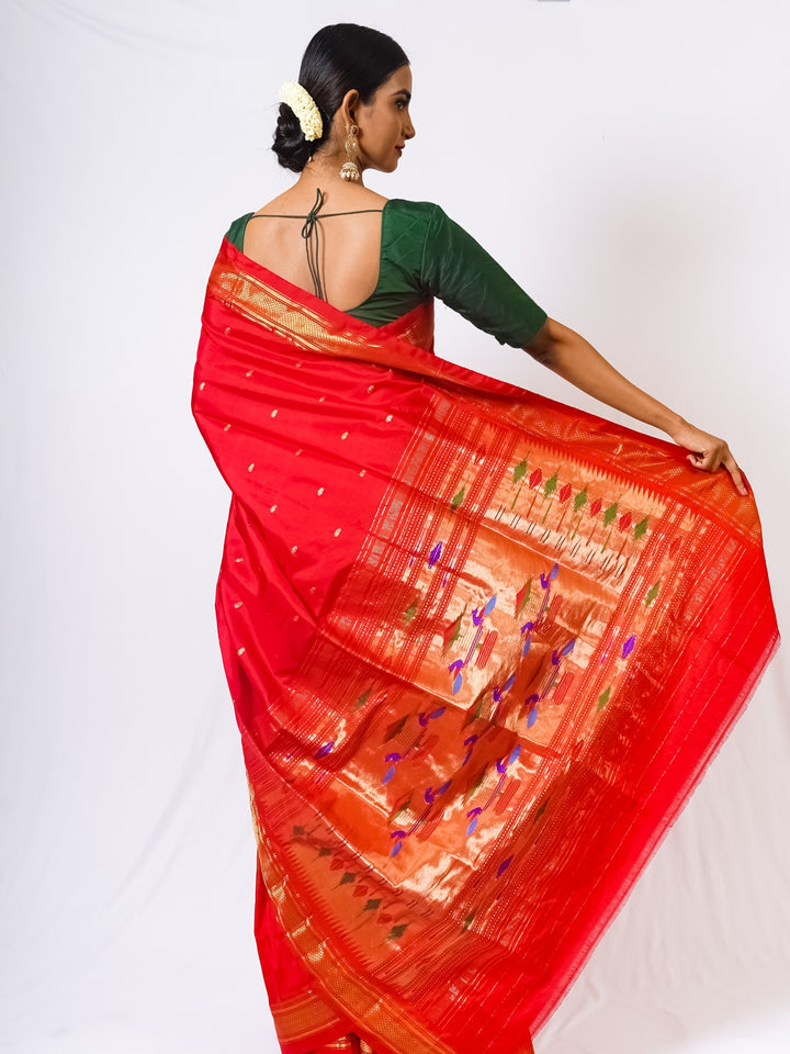 Radiant Red Silk Paithani Saree with Golden Zari Border