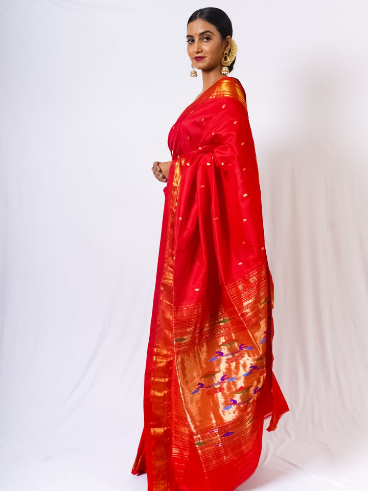 Radiant Red Silk Paithani Saree with Golden Zari Border