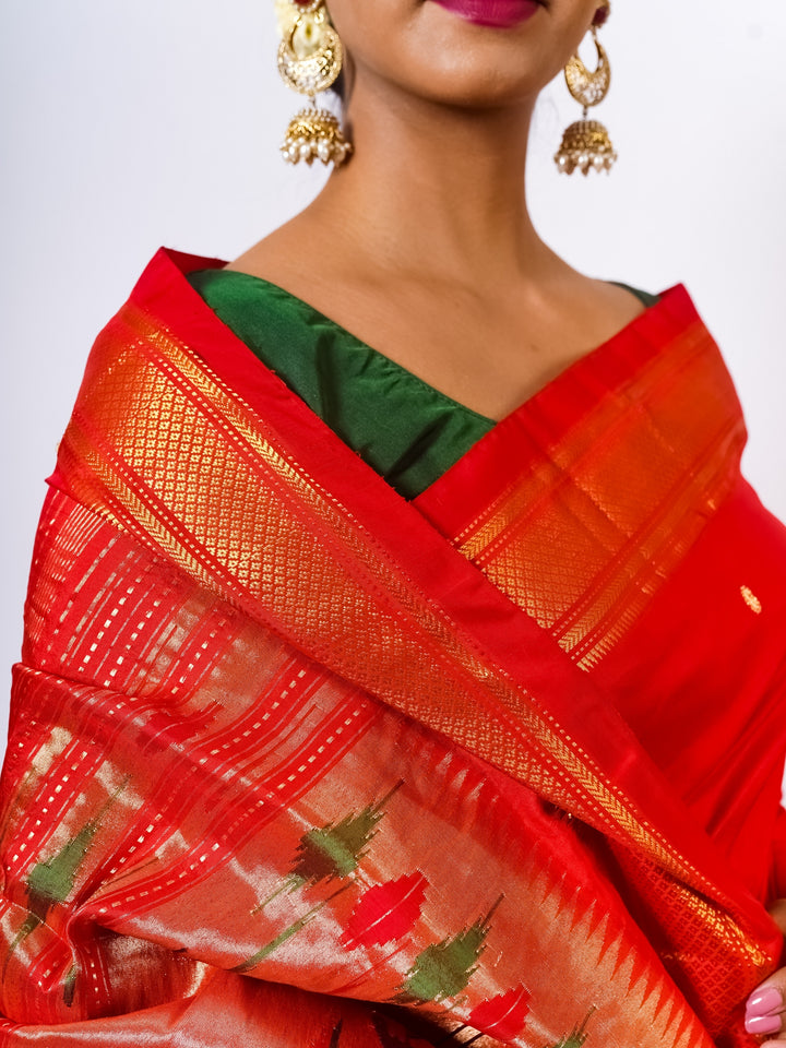 Radiant Red Silk Paithani Saree with Golden Zari Border