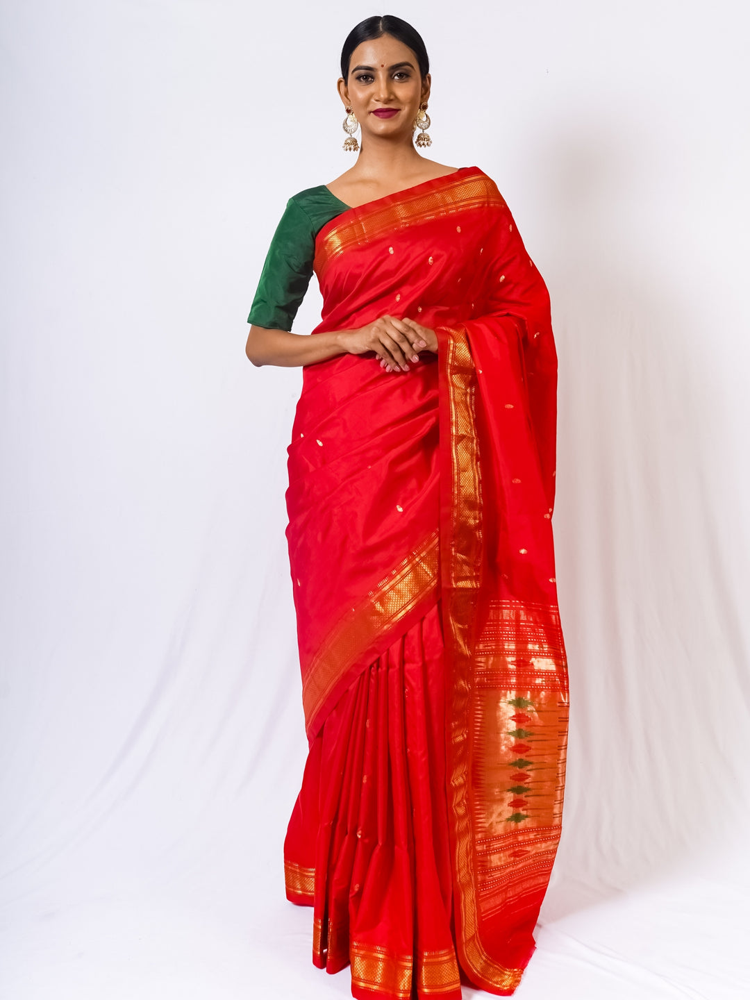 Radiant Red Silk Paithani Saree with Golden Zari Border