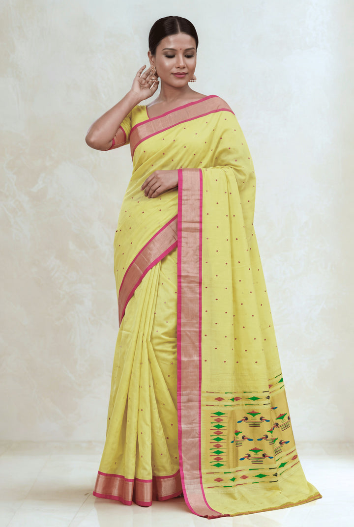 Lime yellow cotton paithani saree
