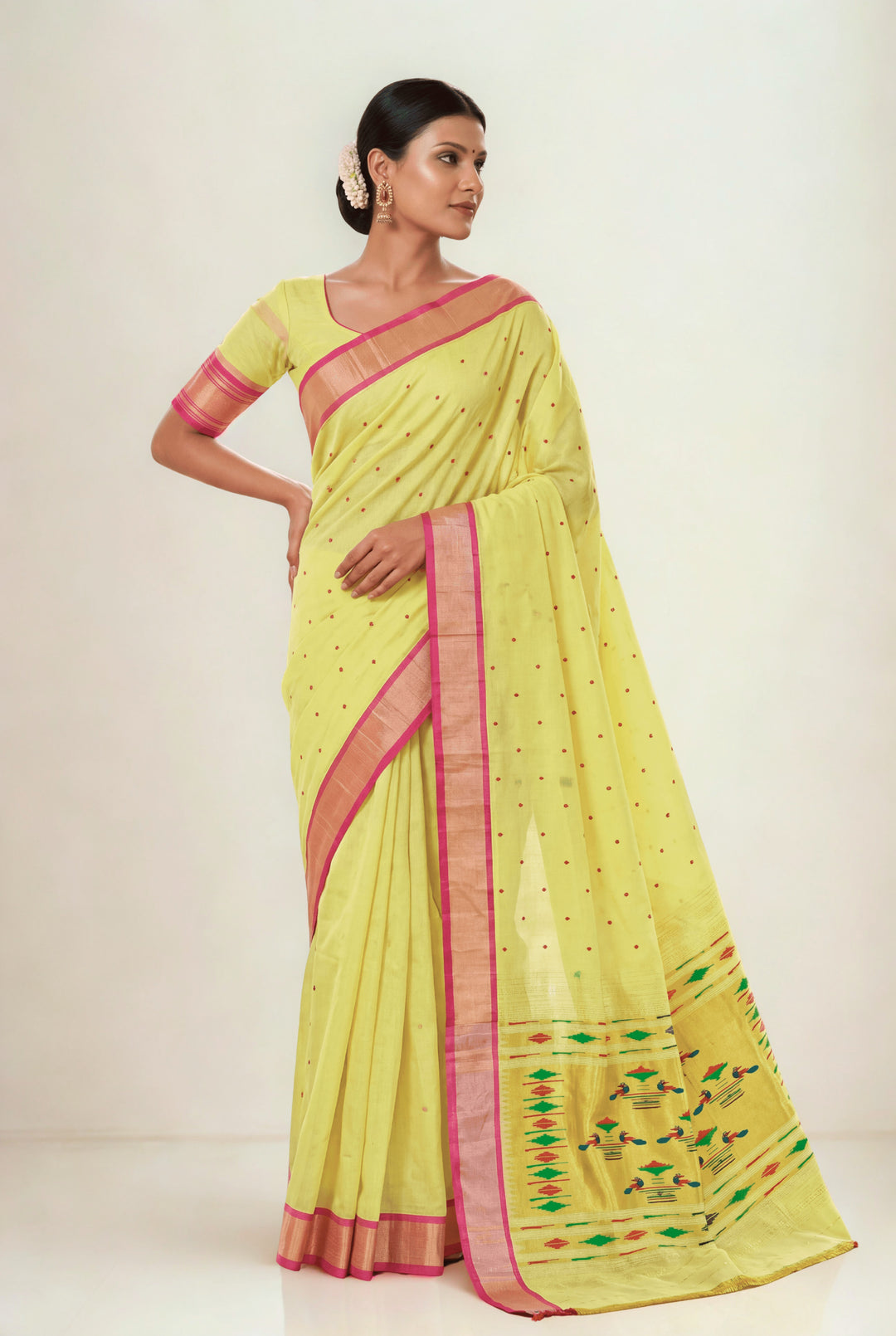 Lime yellow cotton paithani saree