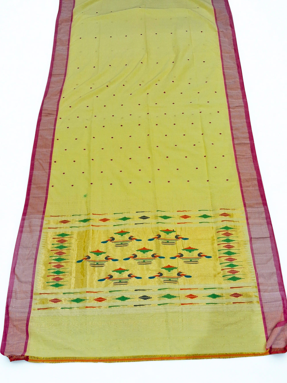 Lime Yellow Cotton Paithani Saree