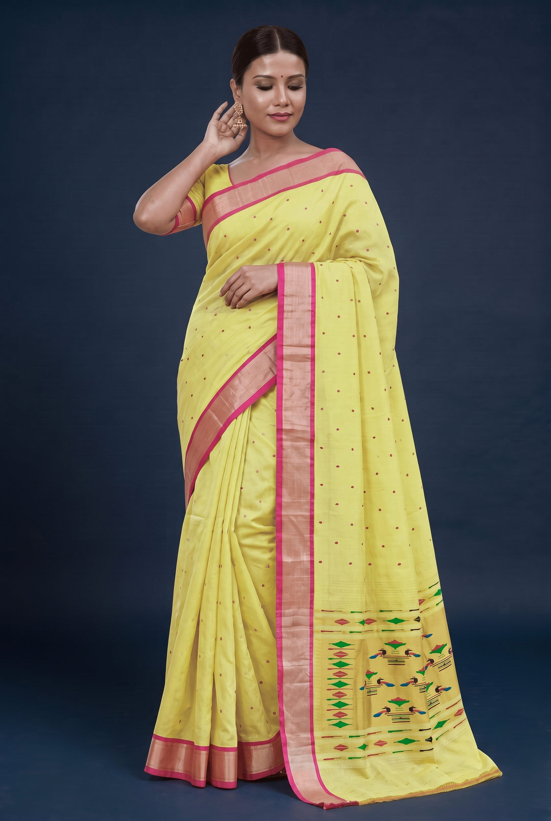 Lime Yellow Cotton Paithani Saree