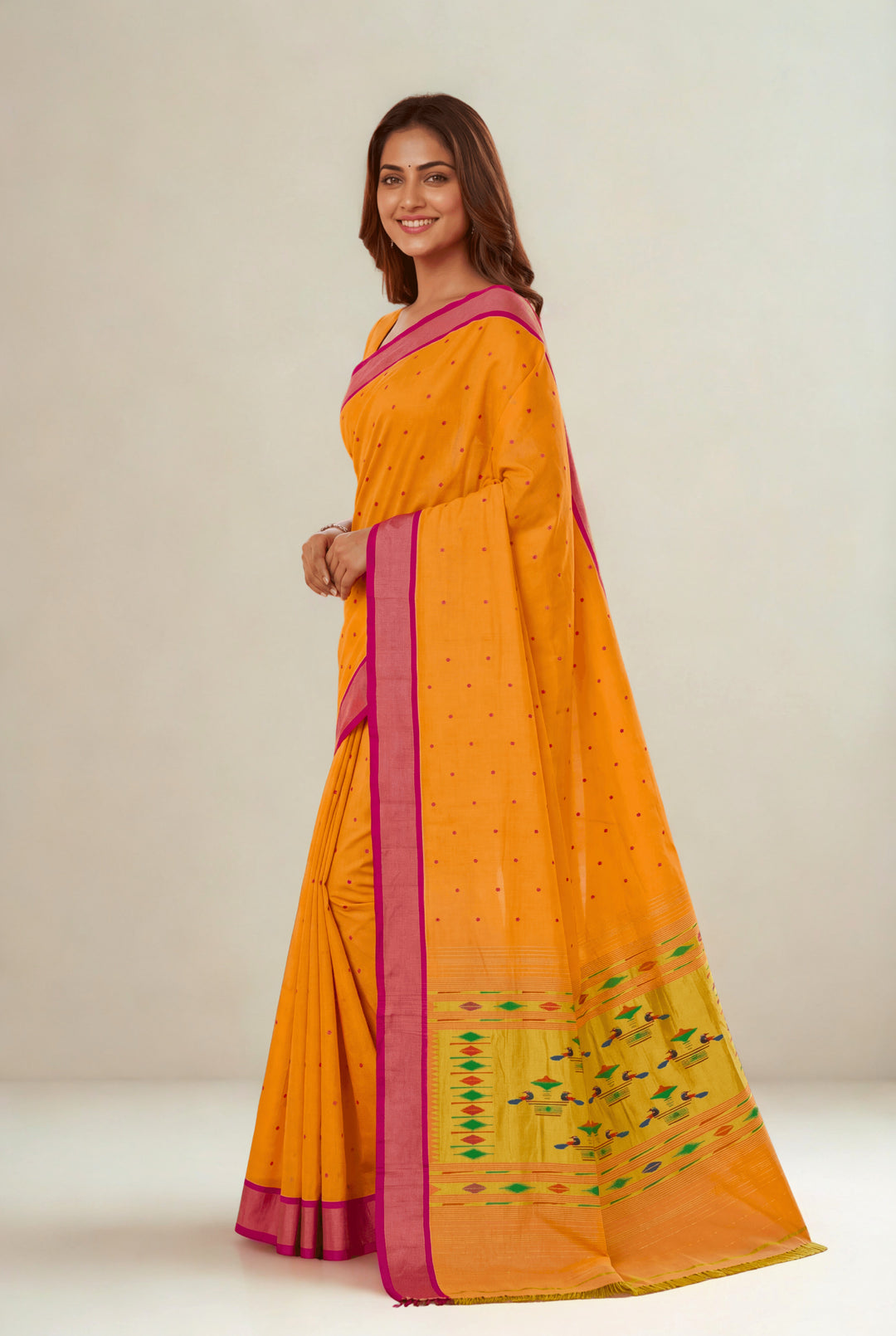 Mustard yellow cotton paithani saree