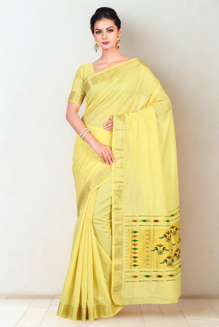 Butterscotch yellow cotton paithani saree