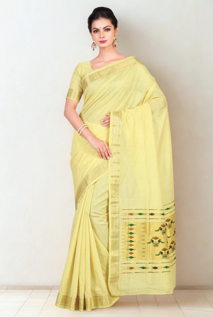 Butterscotch yellow cotton paithani saree