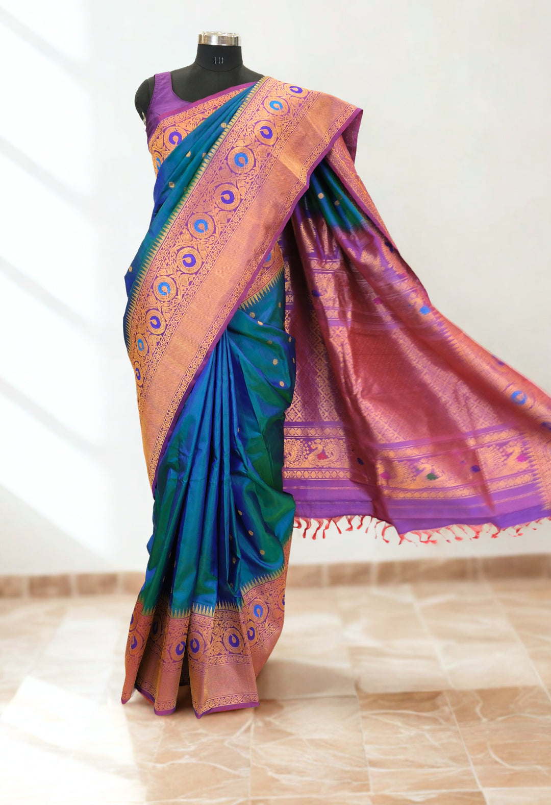 Peacock Blue Silk Gadwal Saree