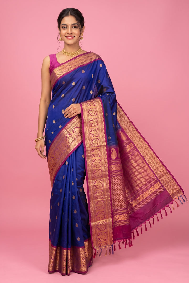 Navy Blue Gadwal Saree with Gold Zari