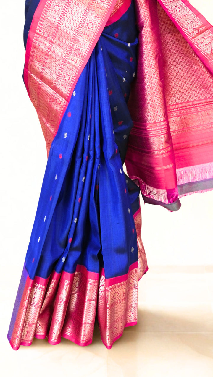 Navy blue silk gadwal saree pink contrast rich border