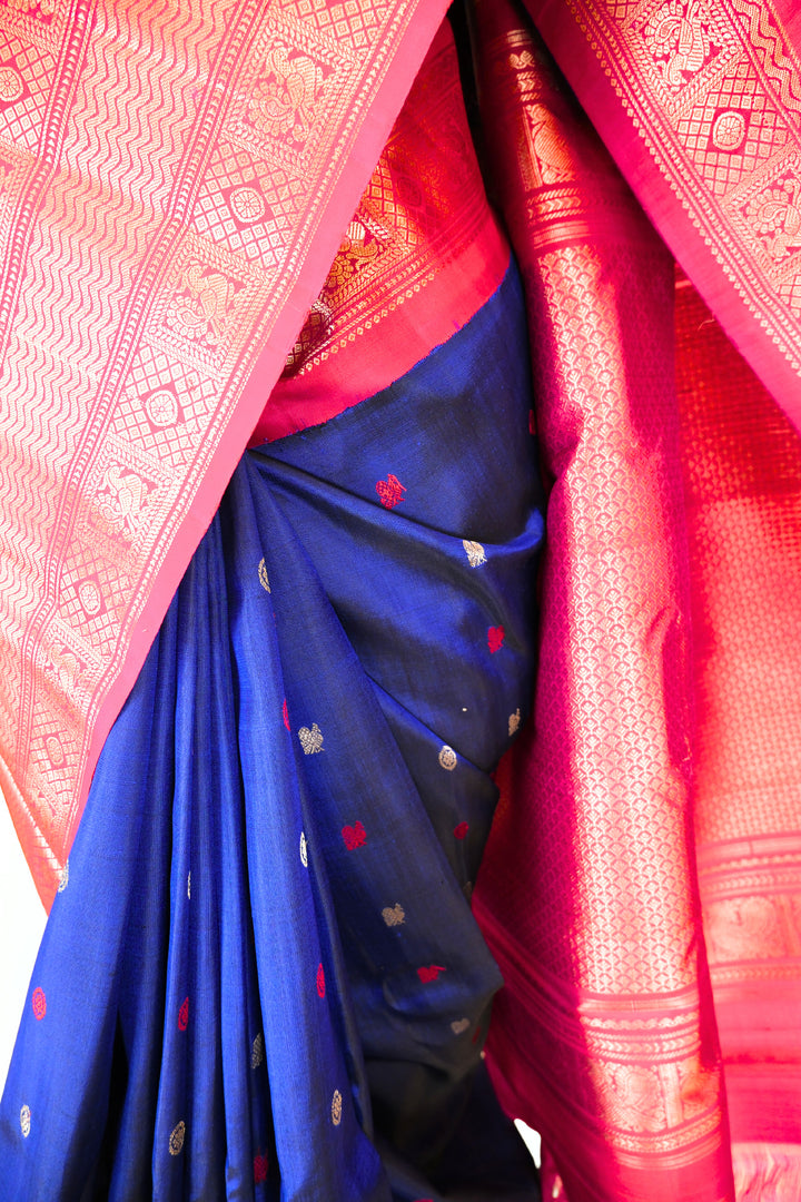 Navy blue silk gadwal saree pink contrast rich border