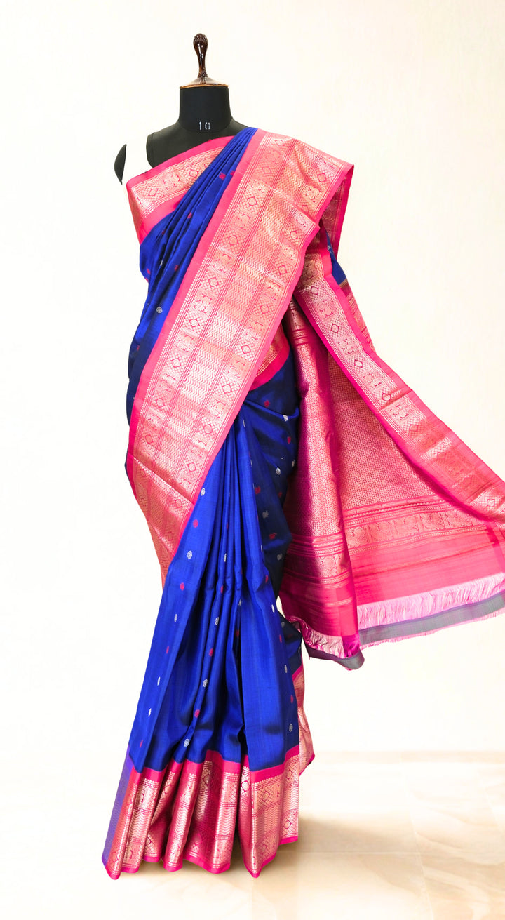 Navy blue silk gadwal saree pink contrast rich border