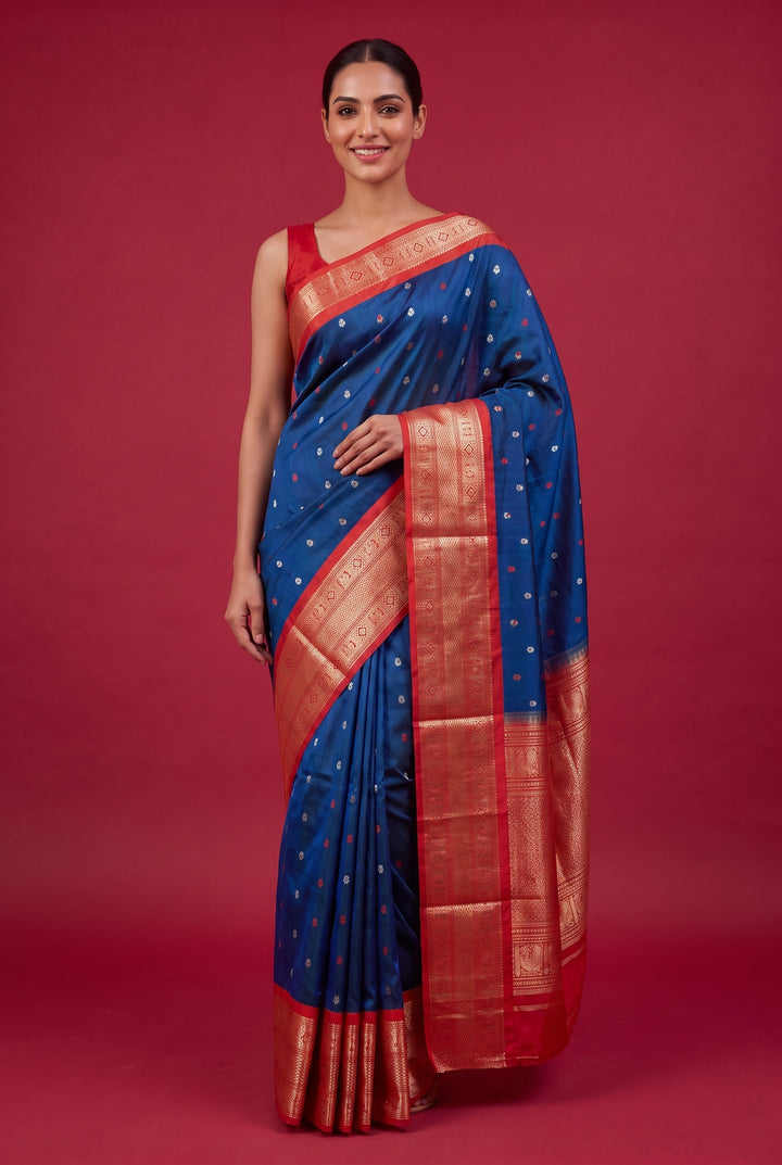 Handloom Navy Blue Gadwal Saree