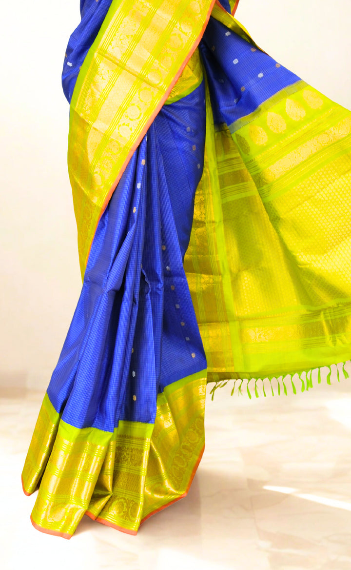 Blue checks silk gadwal saree