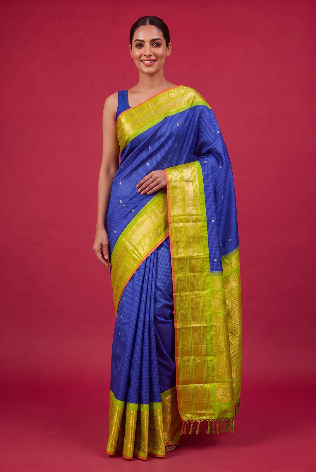Blue Checked Silk Gadwal Saree
