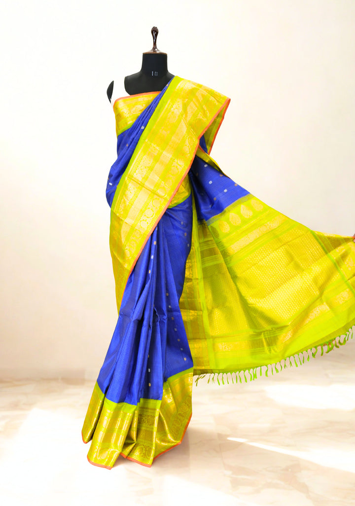 Blue checks silk gadwal saree