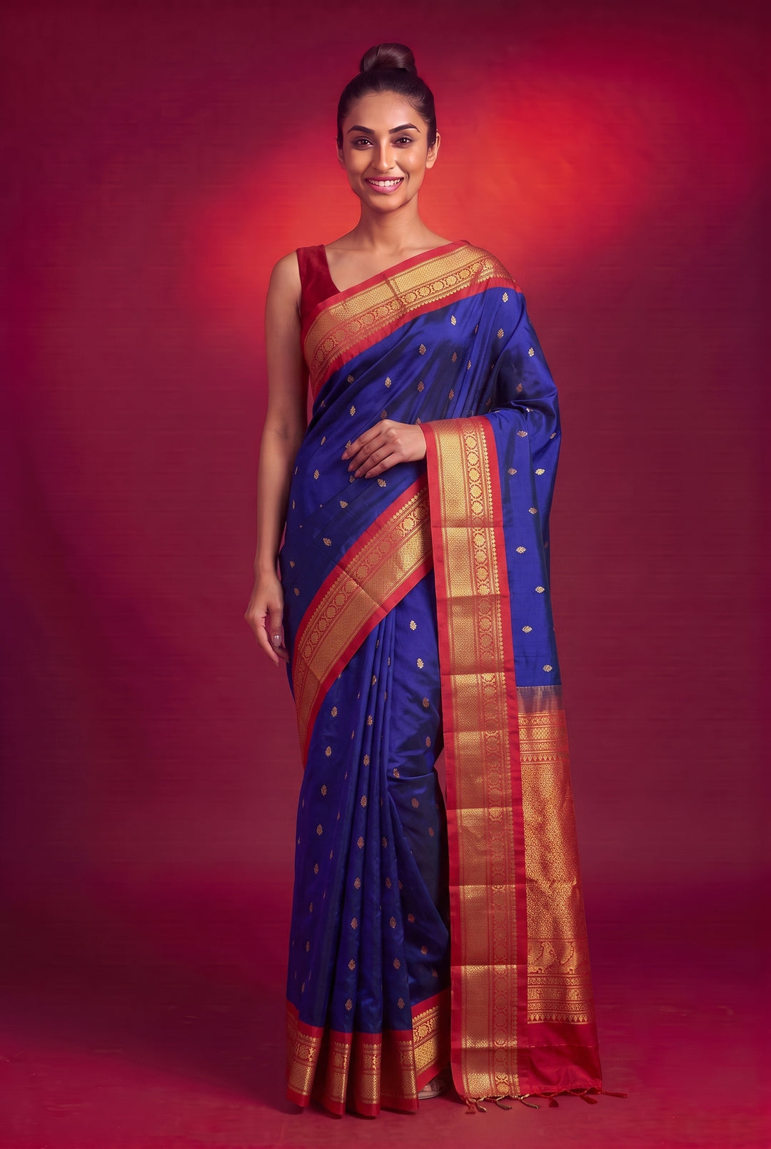 Navy Blue Silk Gadwal with Gold Zari Border
