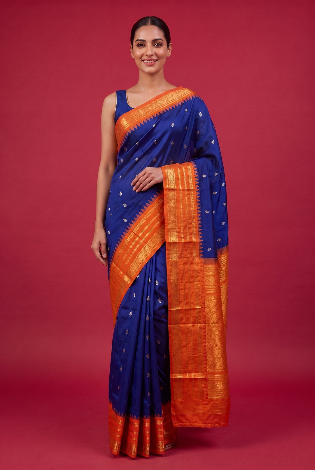 Blue Gadwal Saree with Temple Border