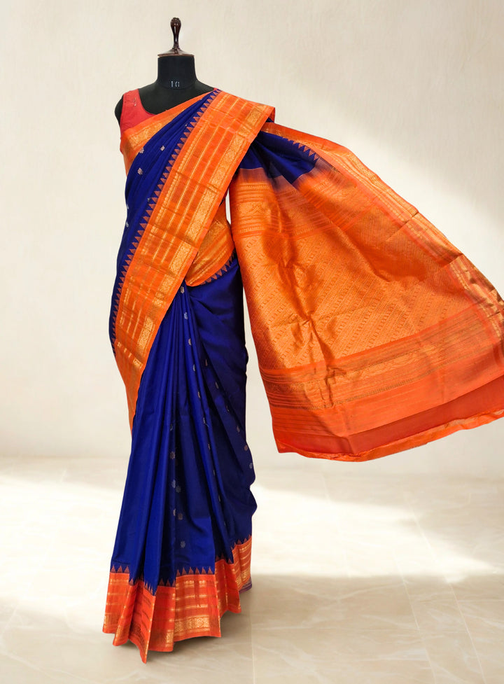 Blue silk gadwal saree with temple border