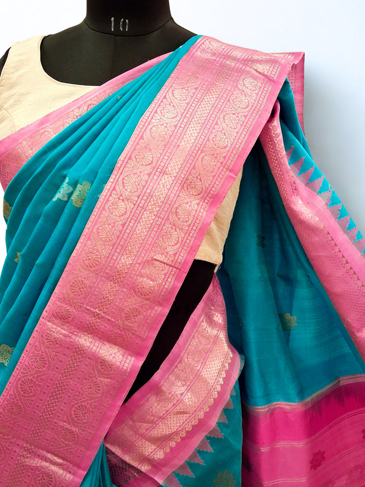 Turquoise Blue Gadwal Saree with Temple Border