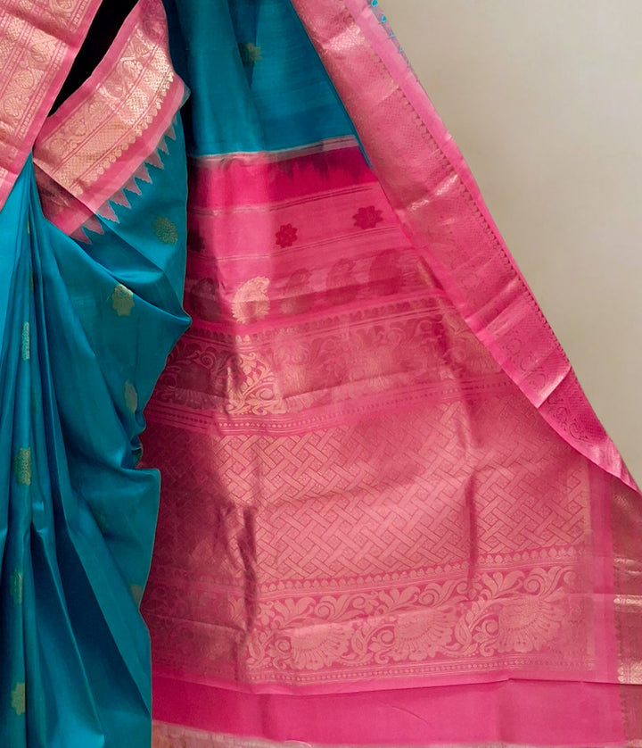 Turquoise Blue Gadwal Saree with Temple Border