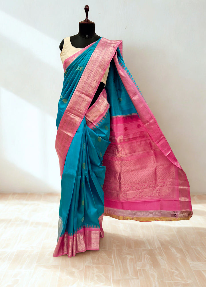 Turquoise Blue Gadwal Saree with Temple Border