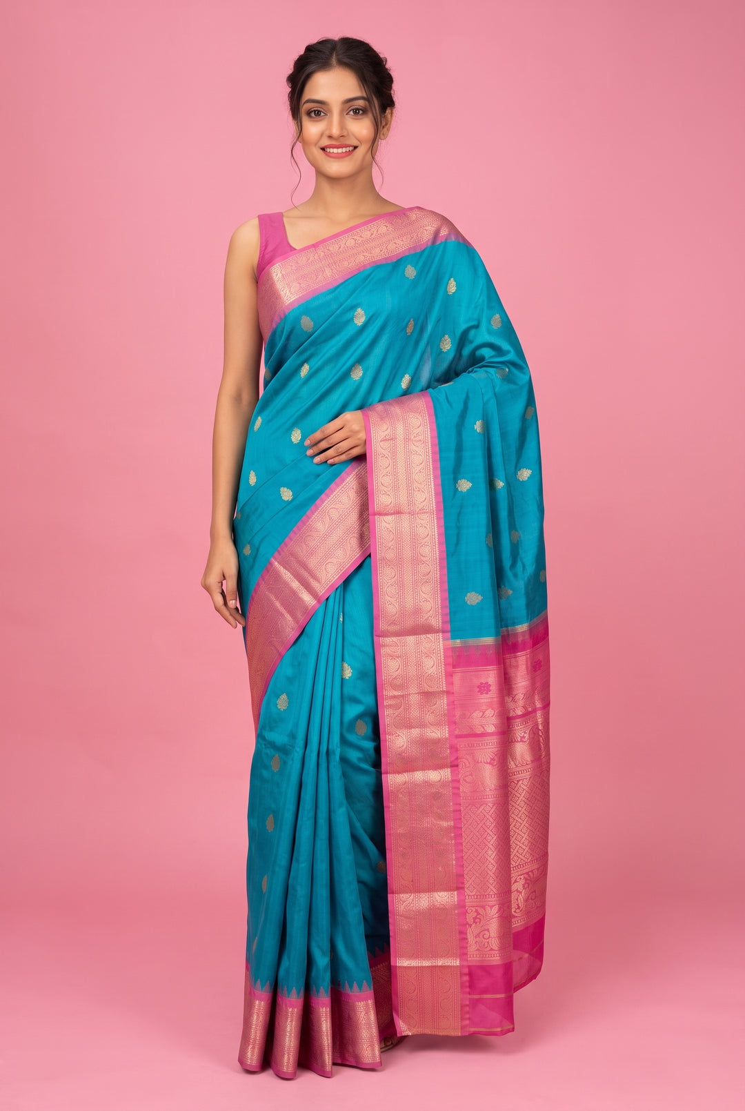 Turquoise Blue Gadwal Saree with Temple Border