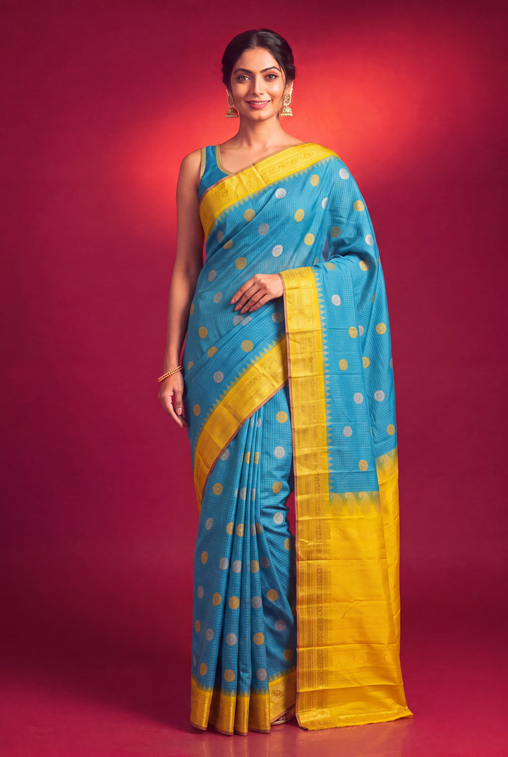 Turquoise Checks Gadwal Silk Saree
