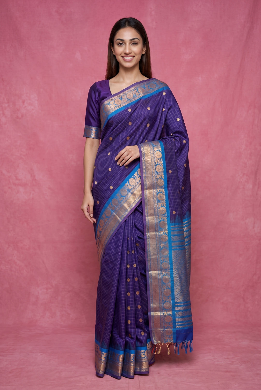 Blue Checks Silk Gadwal Saree Online