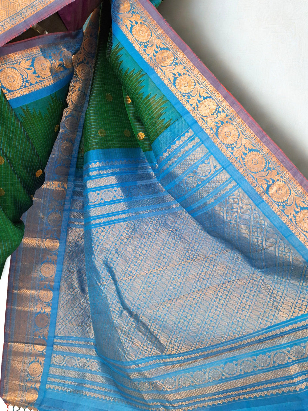 Green Gadwal Saree with Temple Border