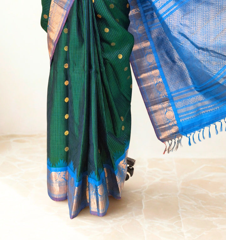 Green Gadwal Saree with Temple Border
