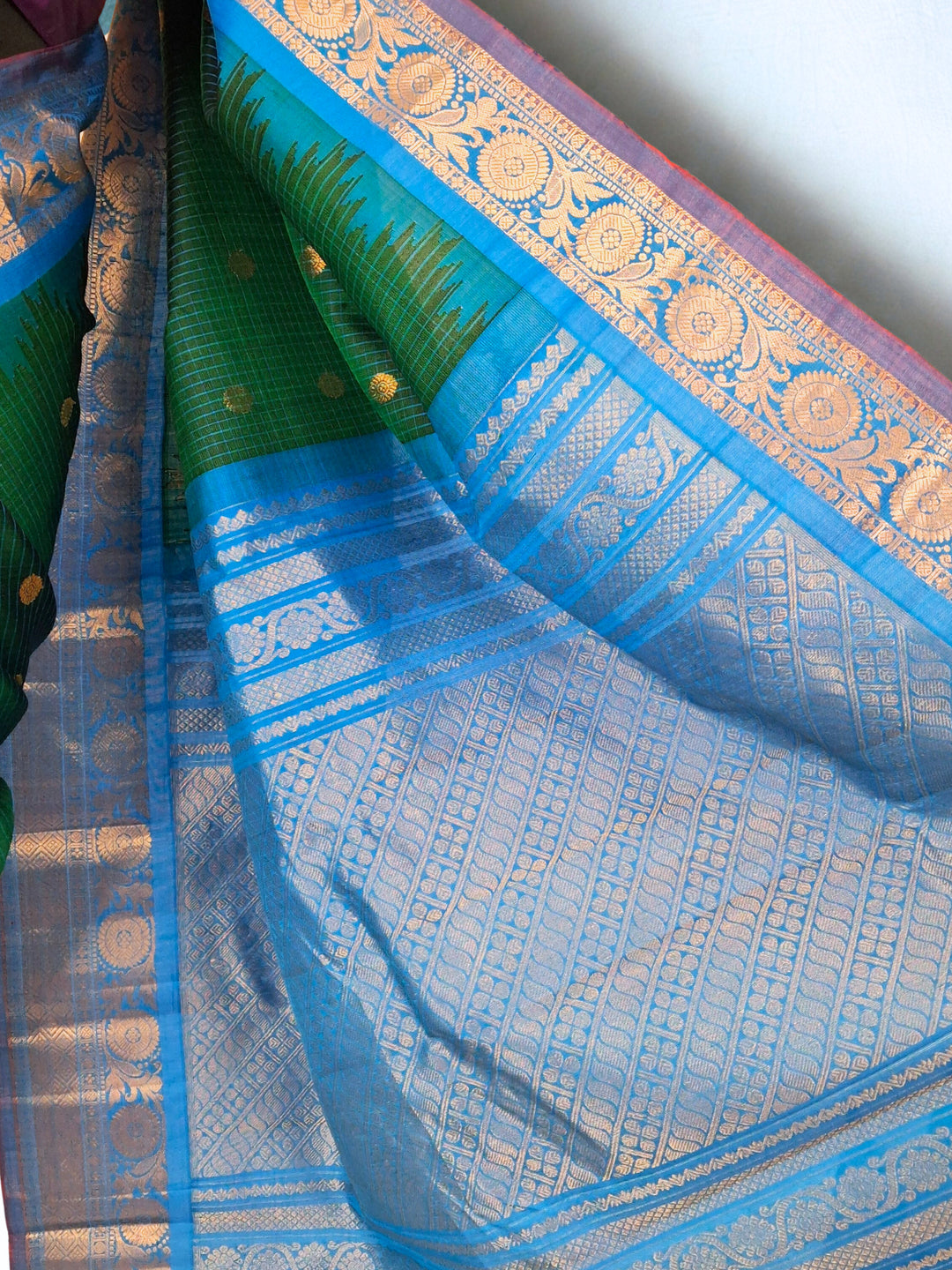 Green Gadwal Saree with Temple Border