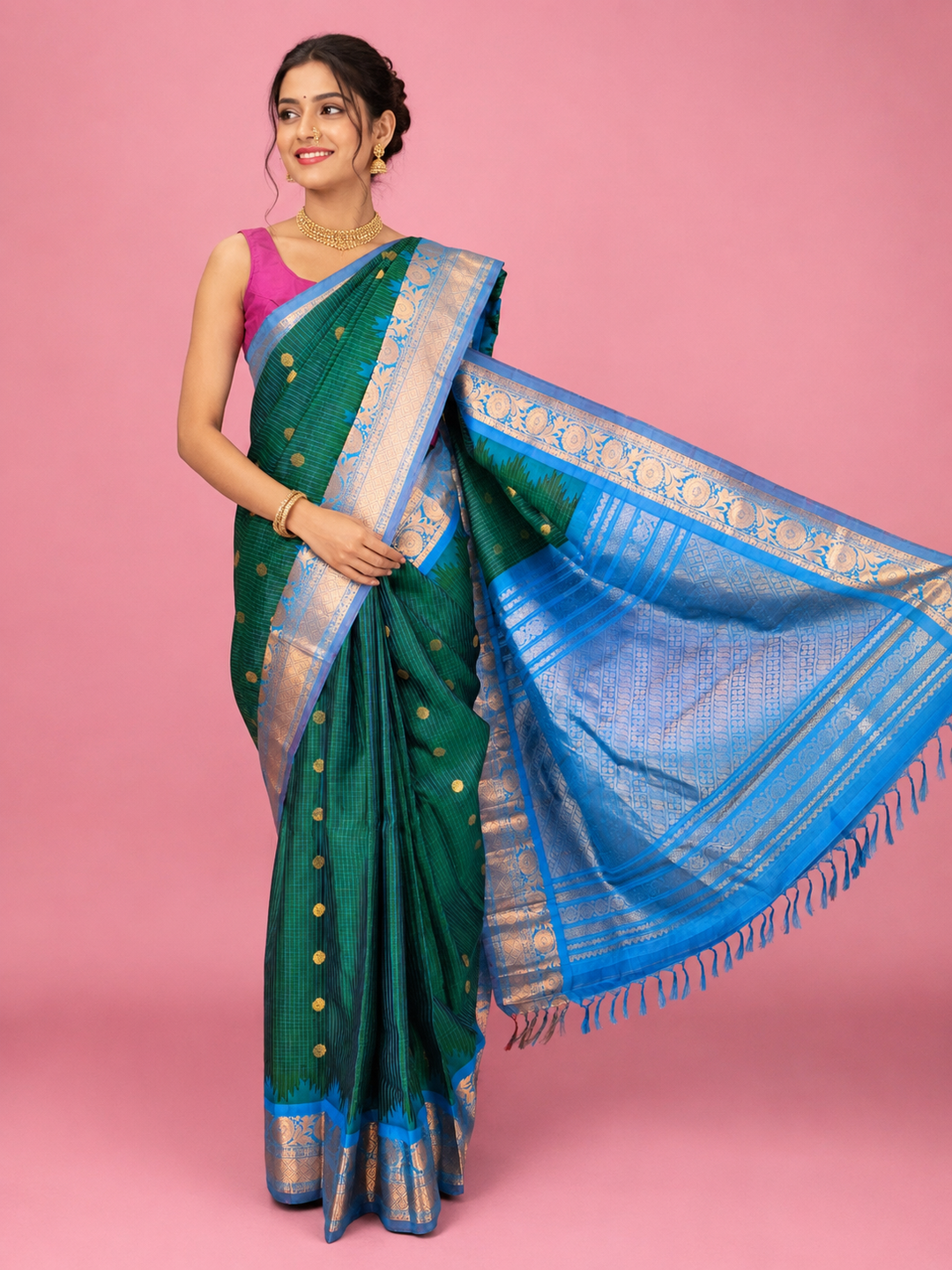Green Gadwal Saree with Temple Border