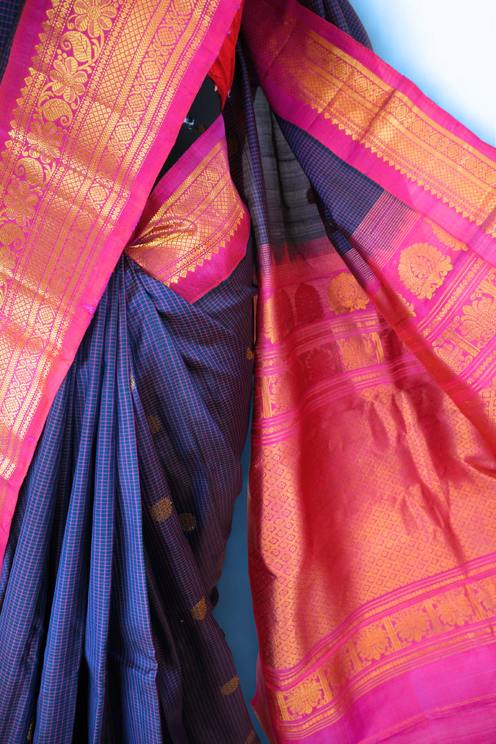 Navy blue checks gadwal silk saree
