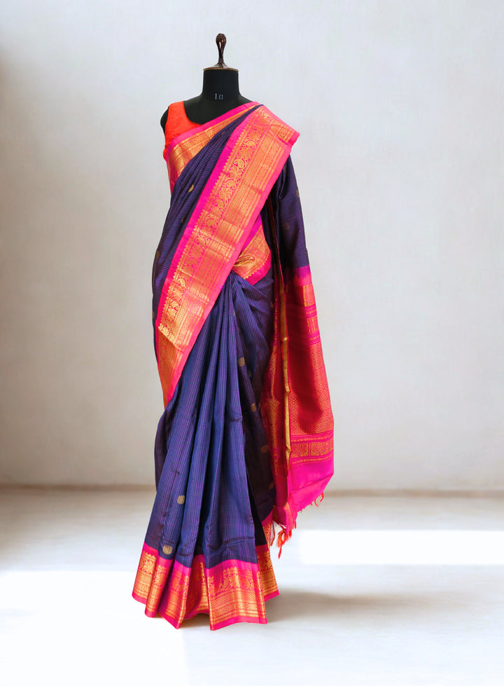 Navy blue checks gadwal silk saree