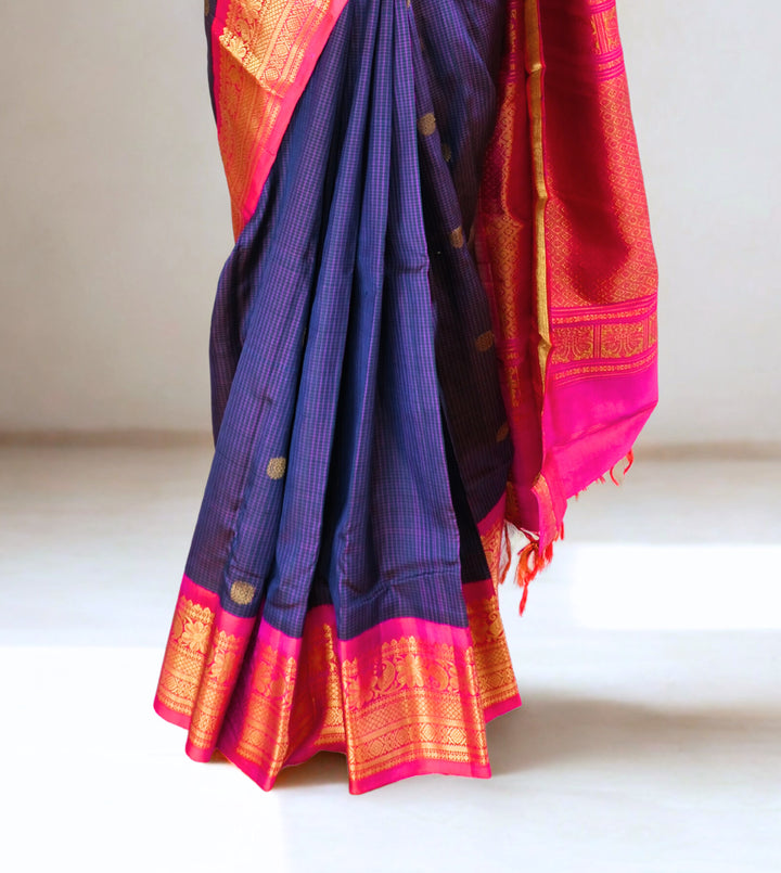 Navy blue checks gadwal silk saree