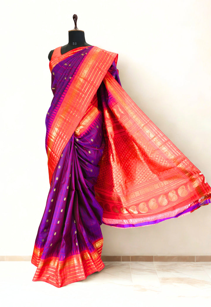 Purple checks silk gadwal saree with temple border