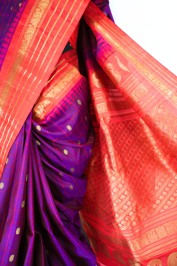 Purple checks silk gadwal saree with temple border