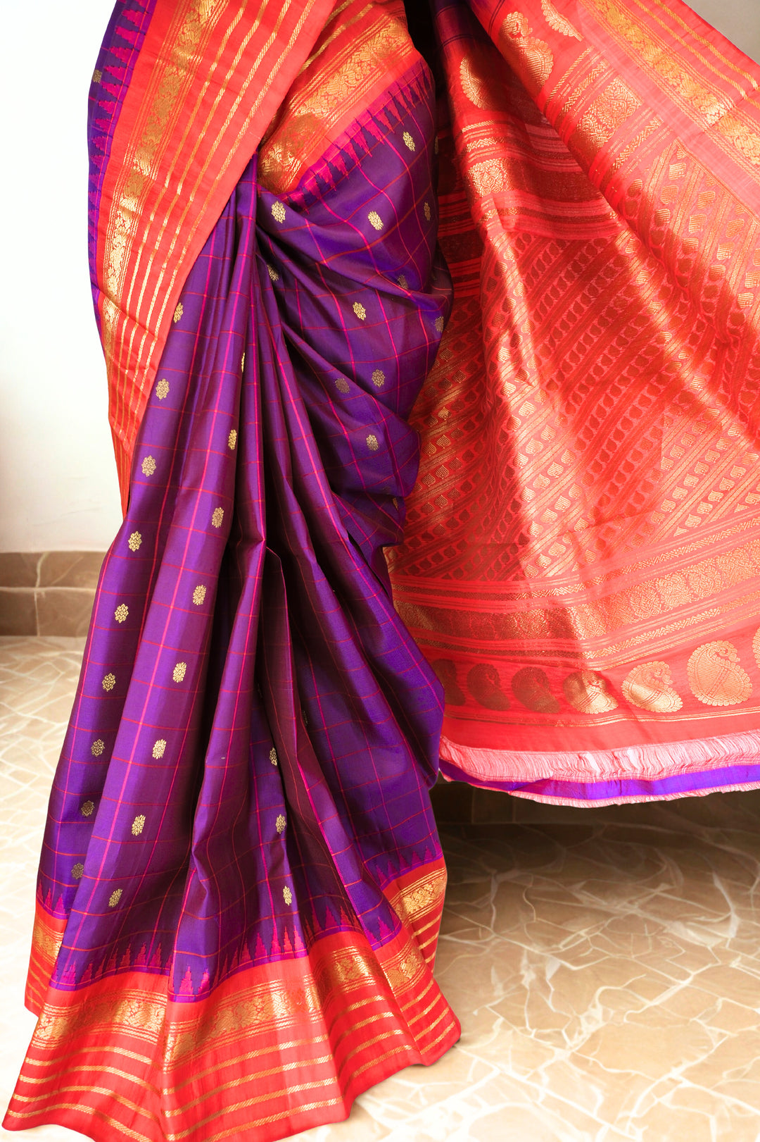 Purple checks silk gadwal saree with temple border
