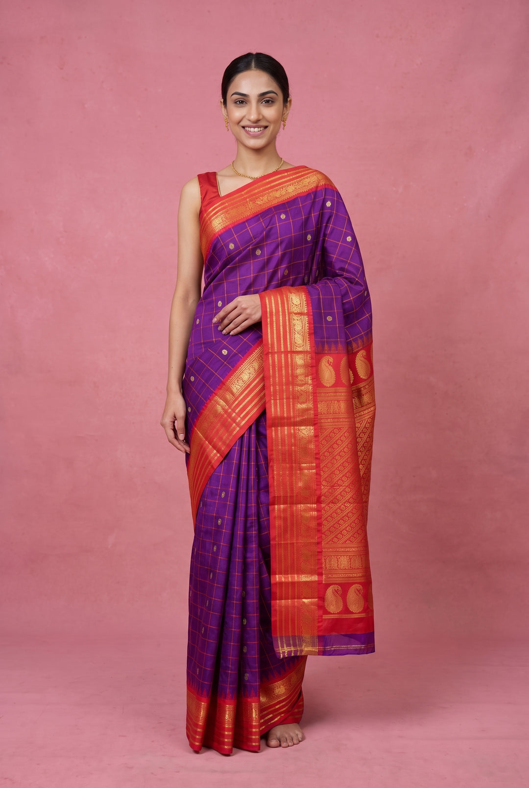 Purple Checks Silk Gadwal Saree