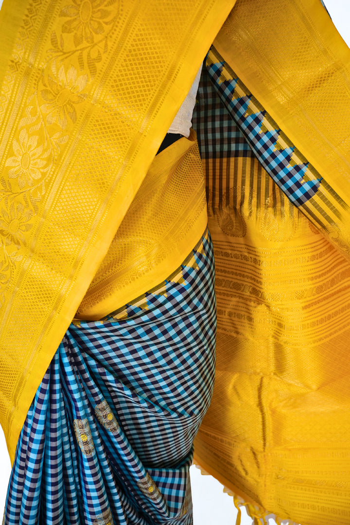 Blue and black checks silk gadwal saree