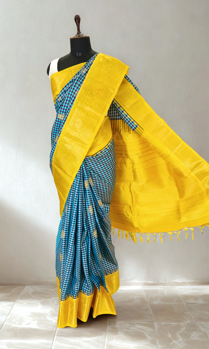 Blue and black checks silk gadwal saree