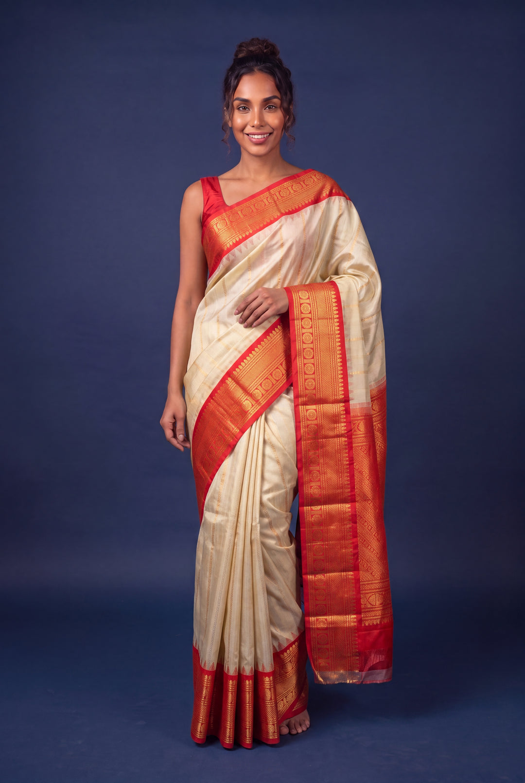 Traditional Beige Gadwal Silk Saree with Gold Zari