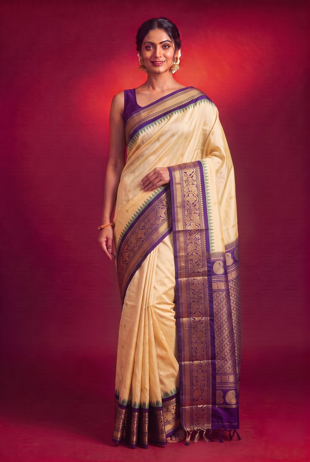 Cream Gadwal Silk Saree with Traditional Temple Border