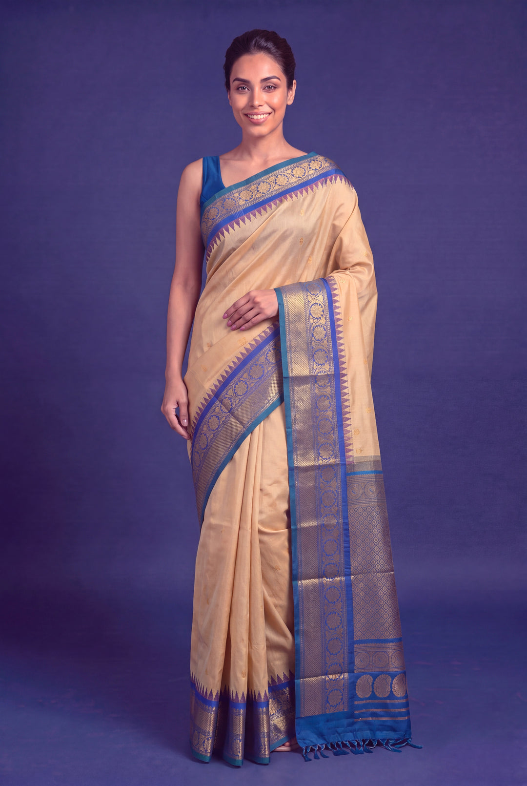 Cream Gadwal Silk Saree with Gold Zari