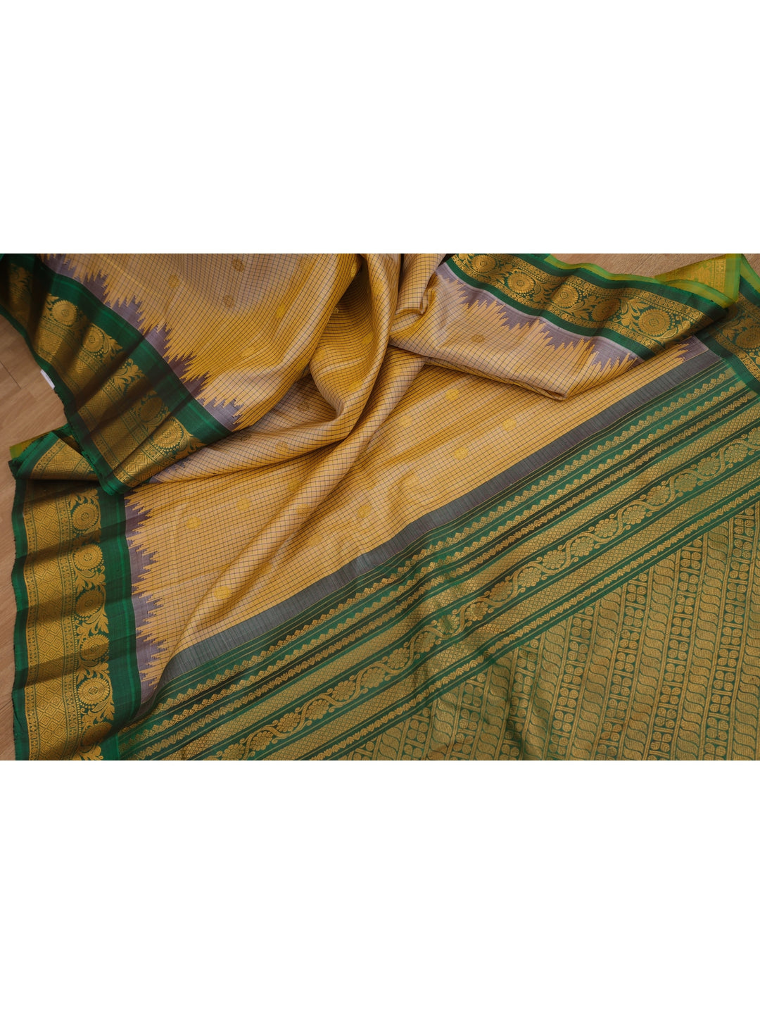 Beige checks silk gadwal saree with temple border