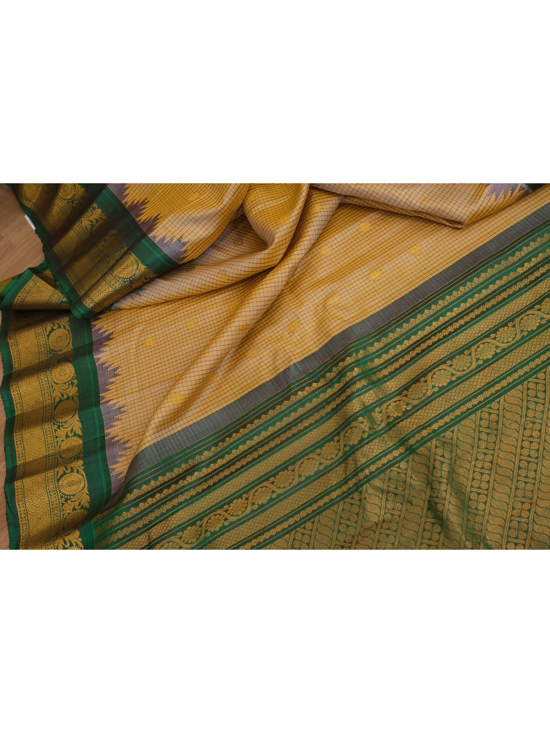 Beige checks silk gadwal saree with temple border