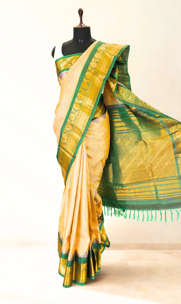 Beige checks silk gadwal saree with temple border